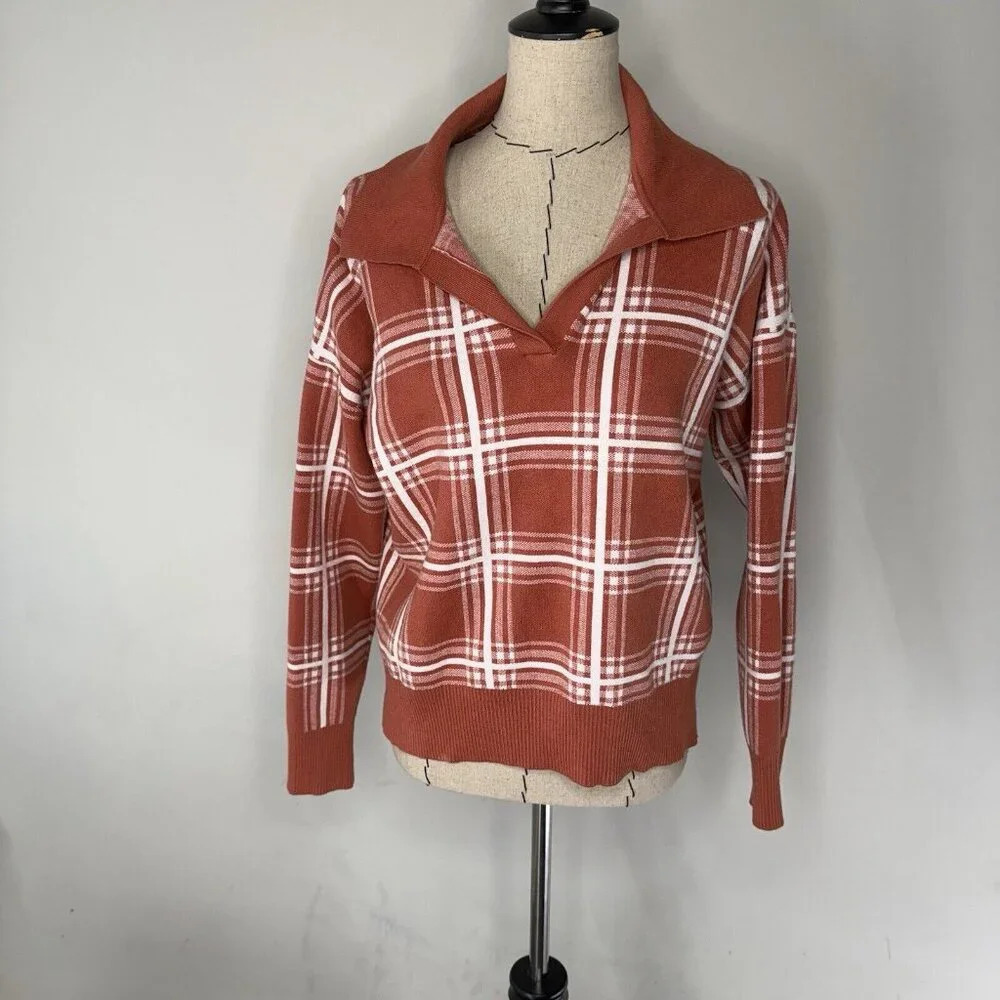 Max studio Pumpkin Spice Orange Sweater Plaid Shirt Collar Women’s sz XL Classic